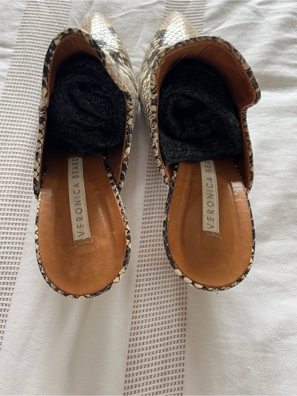 Veronica Beard Snake-Print Pointed Mules in Beige and Black - Picture 3 of 5